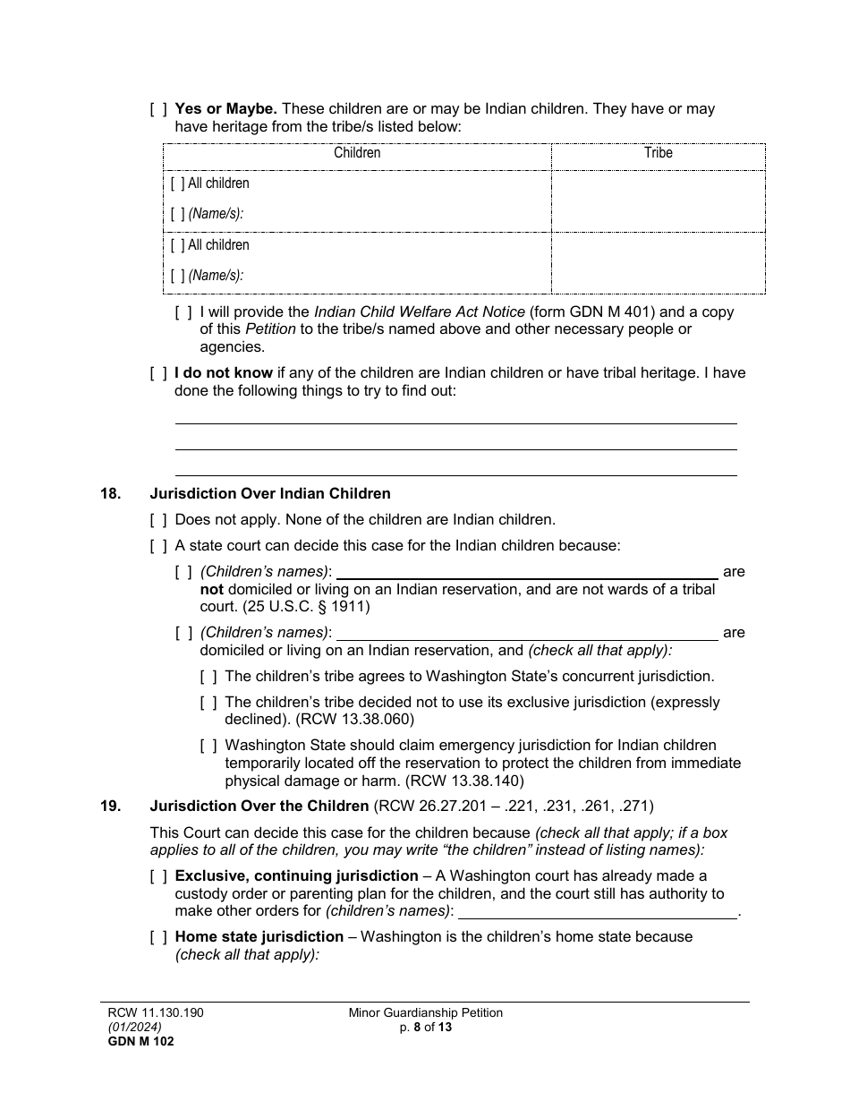 Form GDN M102 Minor Guardianship Petition - Washington, Page 8