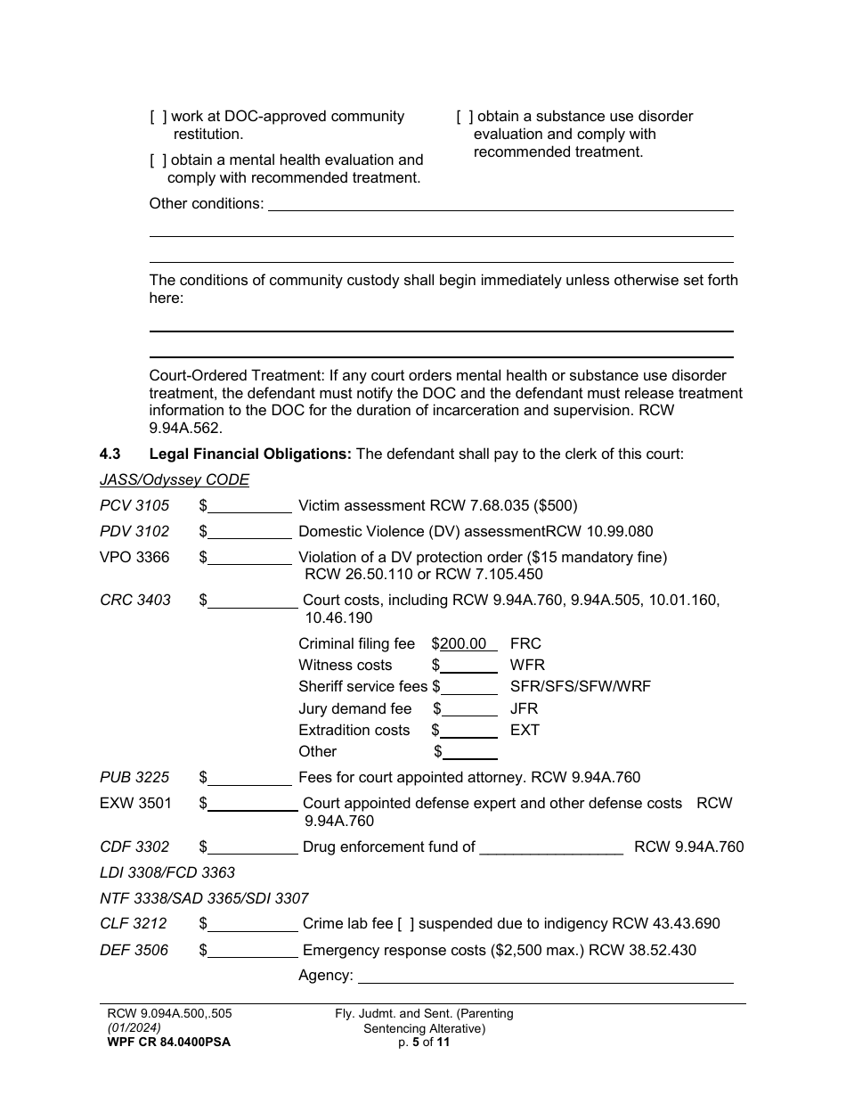 Form WPF CR84.0400 PSA Felony Judgment and Sentence - Parenting Sentencing Alternative (Fjs) - Washington, Page 5