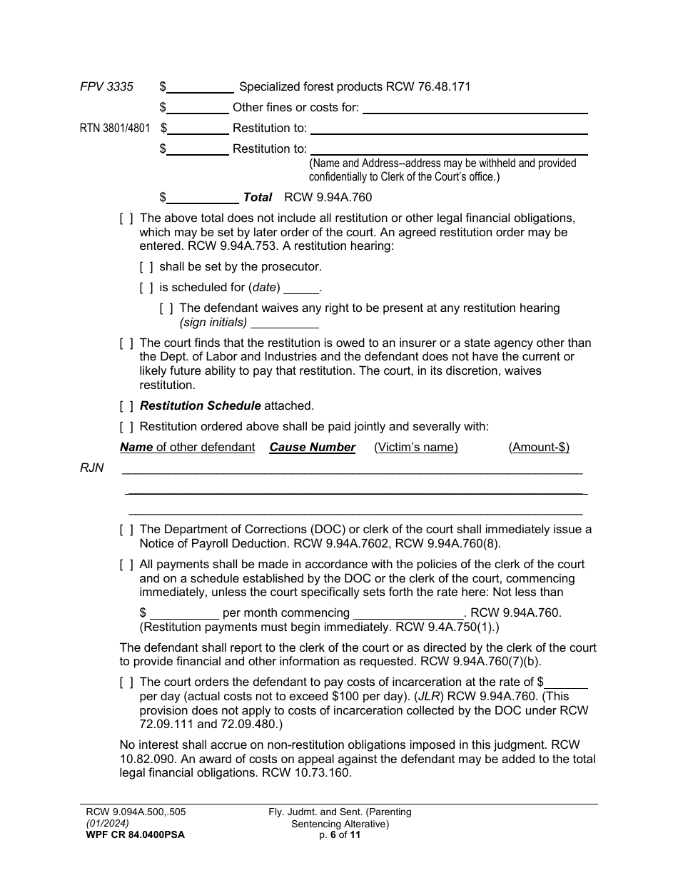 Form WPF CR84.0400 PSA Felony Judgment and Sentence - Parenting Sentencing Alternative (Fjs) - Washington, Page 6