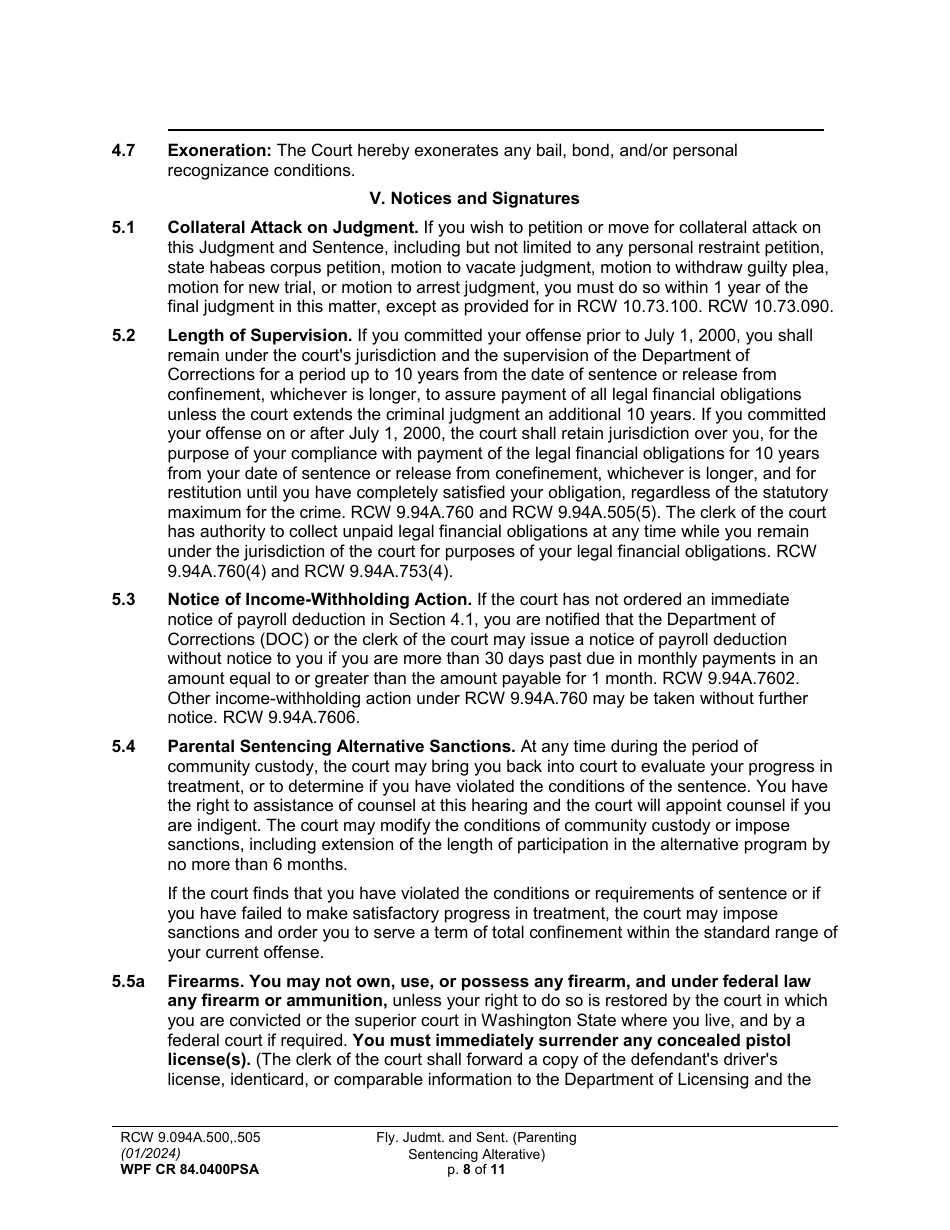 Form WPF CR84.0400 PSA Felony Judgment and Sentence - Parenting Sentencing Alternative (Fjs) - Washington, Page 8