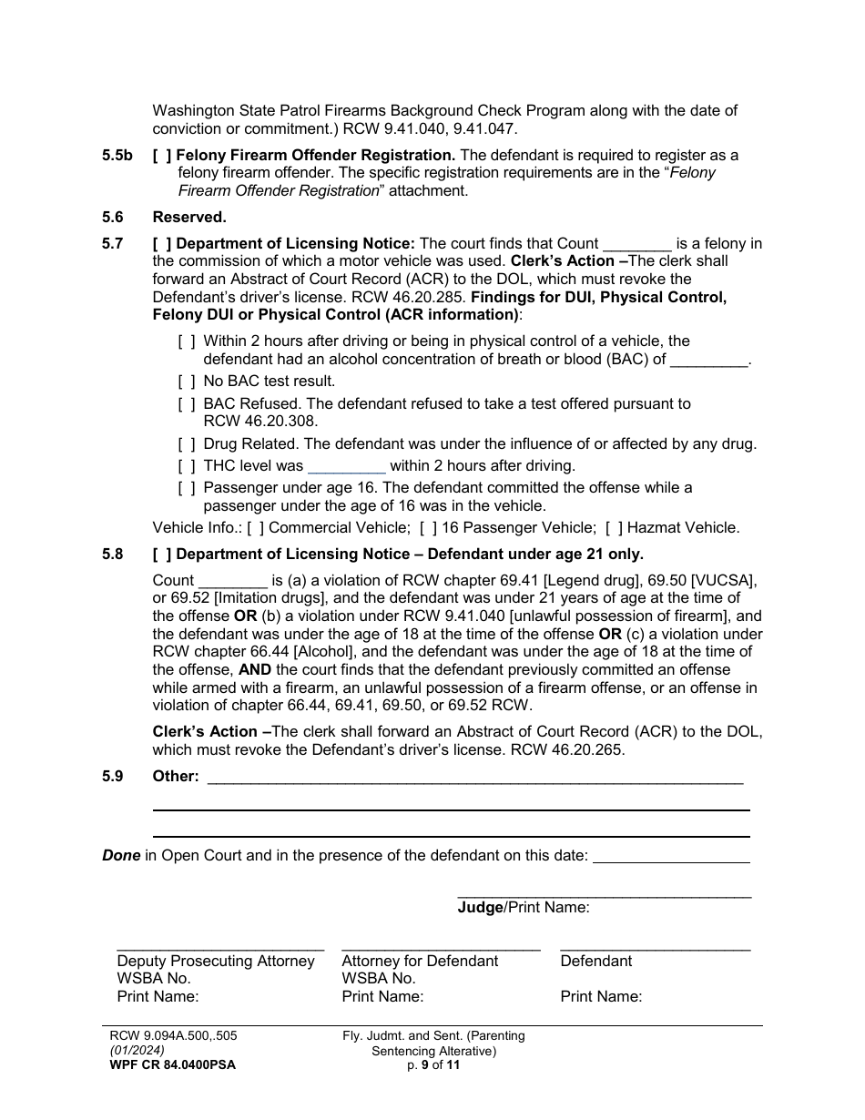 Form WPF CR84.0400 PSA Felony Judgment and Sentence - Parenting Sentencing Alternative (Fjs) - Washington, Page 9