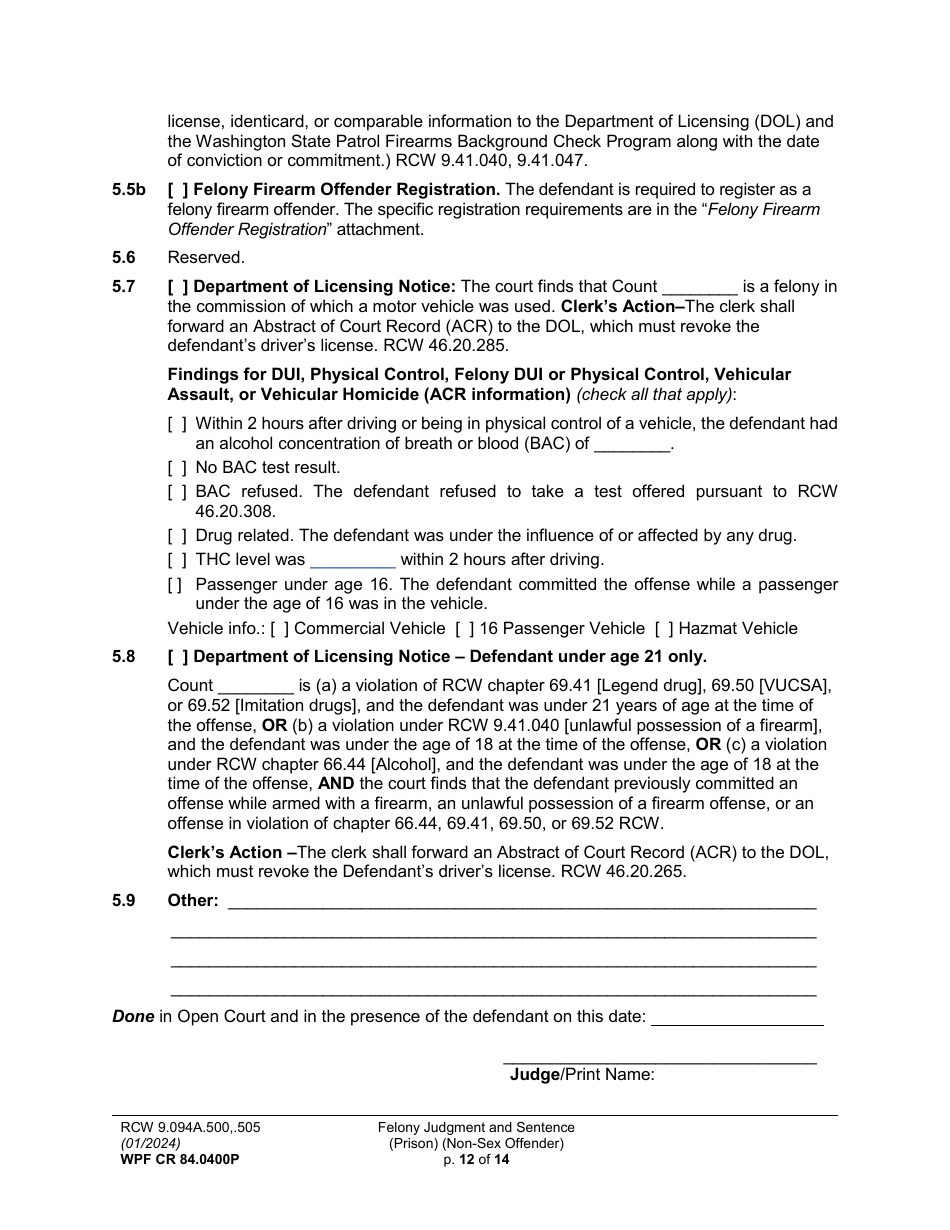 Form WPF CR84.0400 P Felony Judgment and Sentence - Prison (Non-sex Offense) - Washington, Page 12