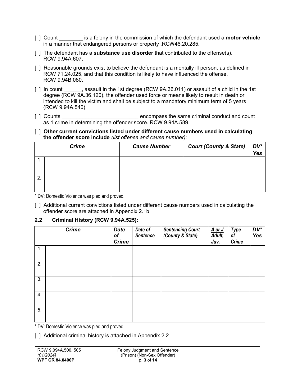 Form WPF CR84.0400 P Felony Judgment and Sentence - Prison (Non-sex Offense) - Washington, Page 3