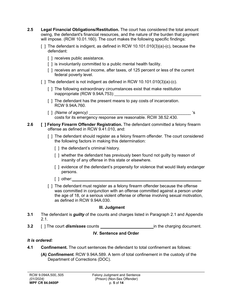 Form WPF CR84.0400 P Felony Judgment and Sentence - Prison (Non-sex Offense) - Washington, Page 5