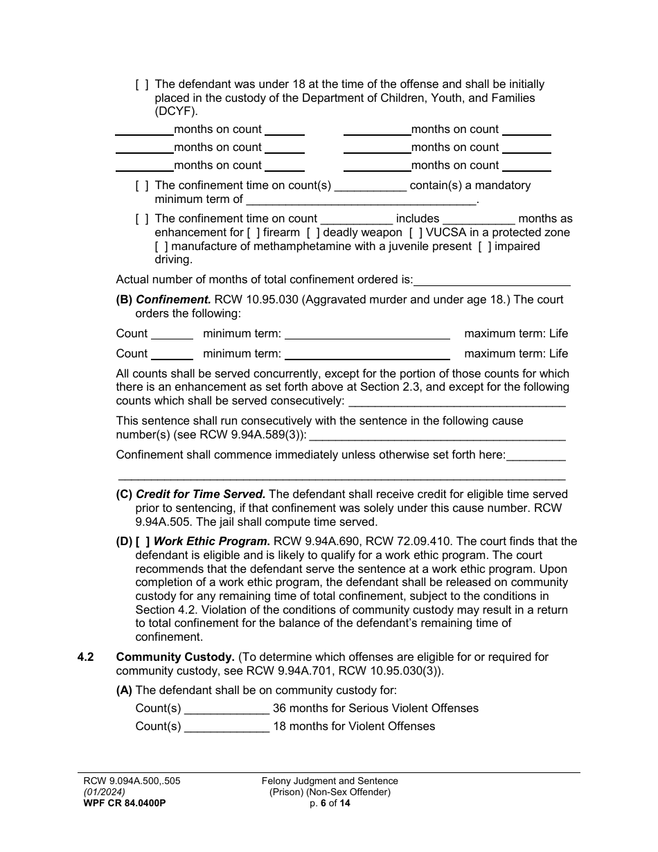 Form WPF CR84.0400 P Felony Judgment and Sentence - Prison (Non-sex Offense) - Washington, Page 6
