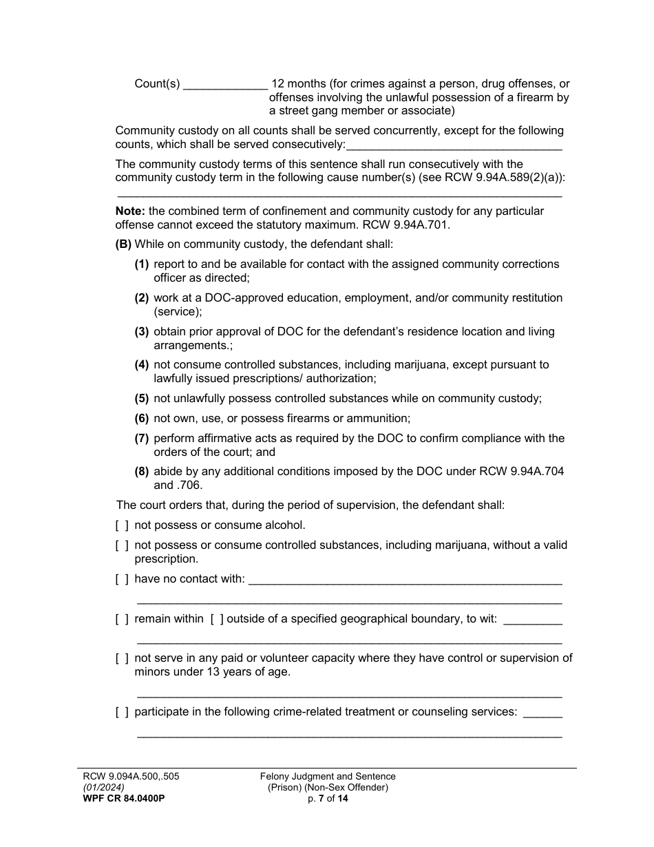 Form WPF CR84.0400 P Felony Judgment and Sentence - Prison (Non-sex Offense) - Washington, Page 7