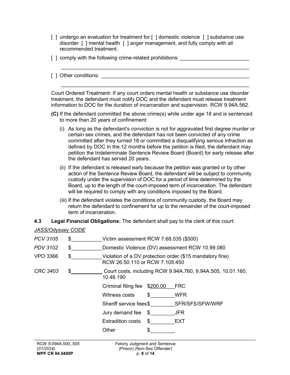 Form WPF CR84.0400 P Felony Judgment and Sentence - Prison (Non-sex Offense) - Washington, Page 8