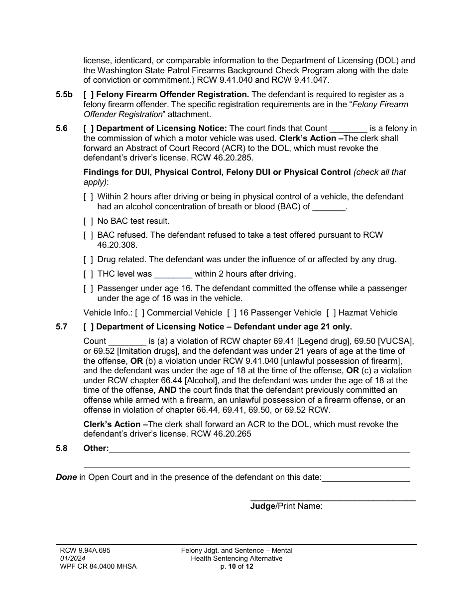 Form WPF CR84.0400 MHSA Felony Judgment and Sentence - Mental Health Sentencing Alternative - Washington, Page 10