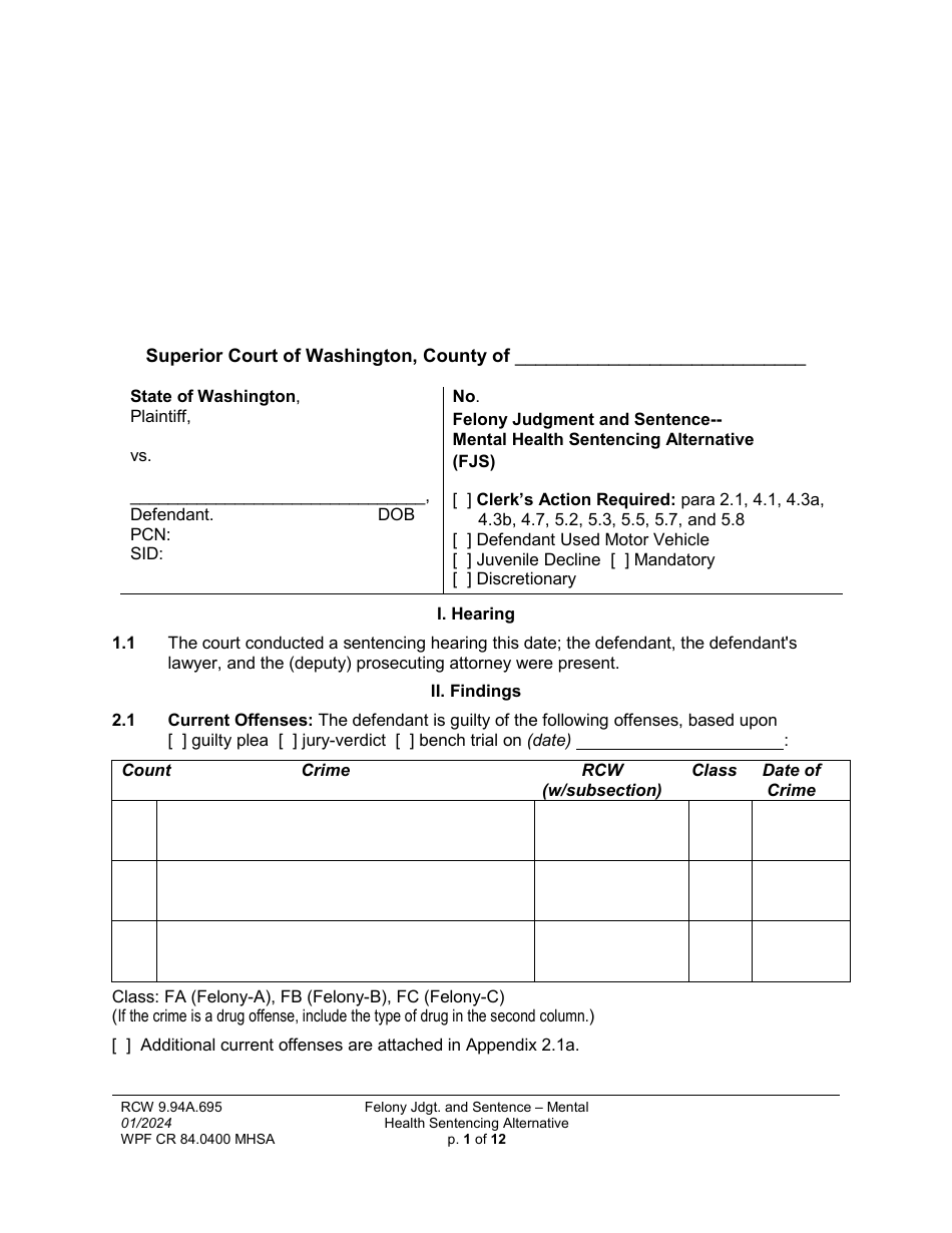 Form WPF CR84.0400 MHSA Felony Judgment and Sentence - Mental Health Sentencing Alternative - Washington, Page 1
