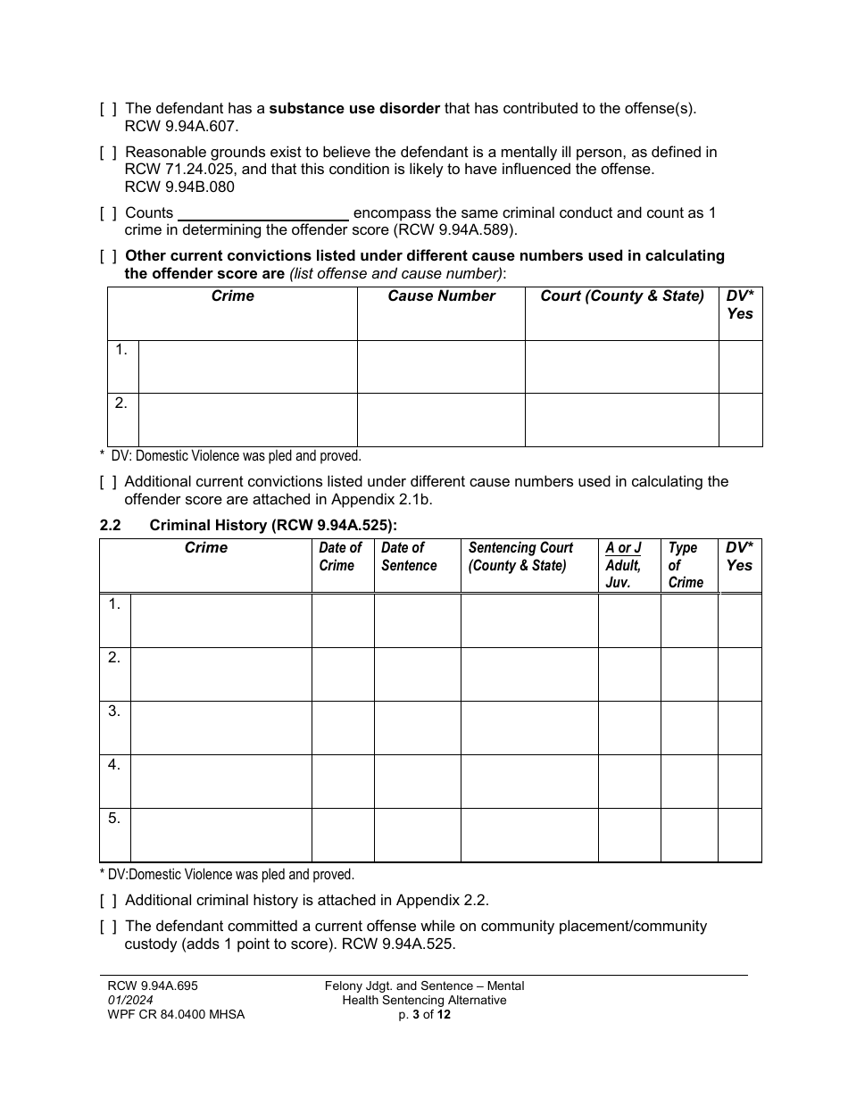 Form WPF CR84.0400 MHSA Felony Judgment and Sentence - Mental Health Sentencing Alternative - Washington, Page 3