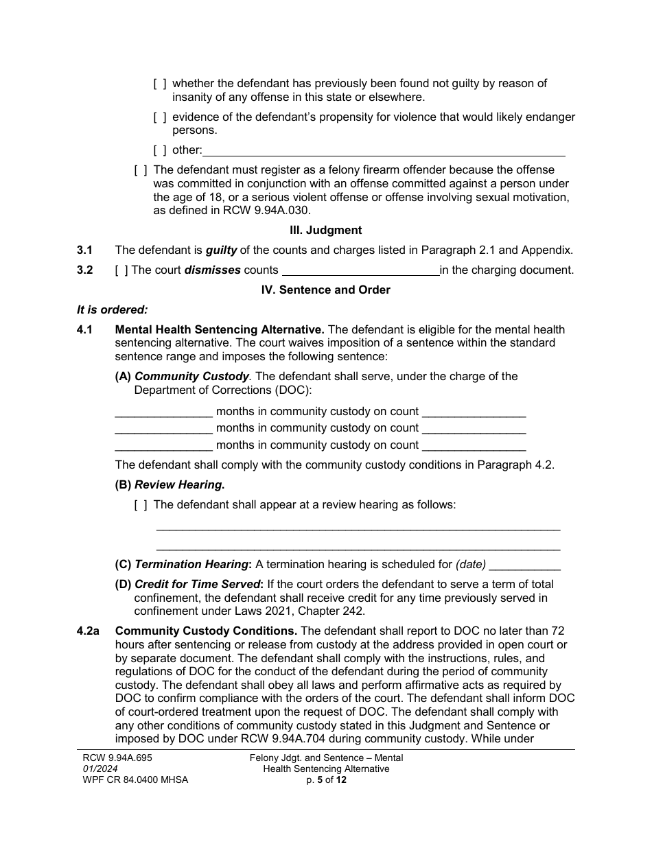 Form WPF CR84.0400 MHSA Felony Judgment and Sentence - Mental Health Sentencing Alternative - Washington, Page 5