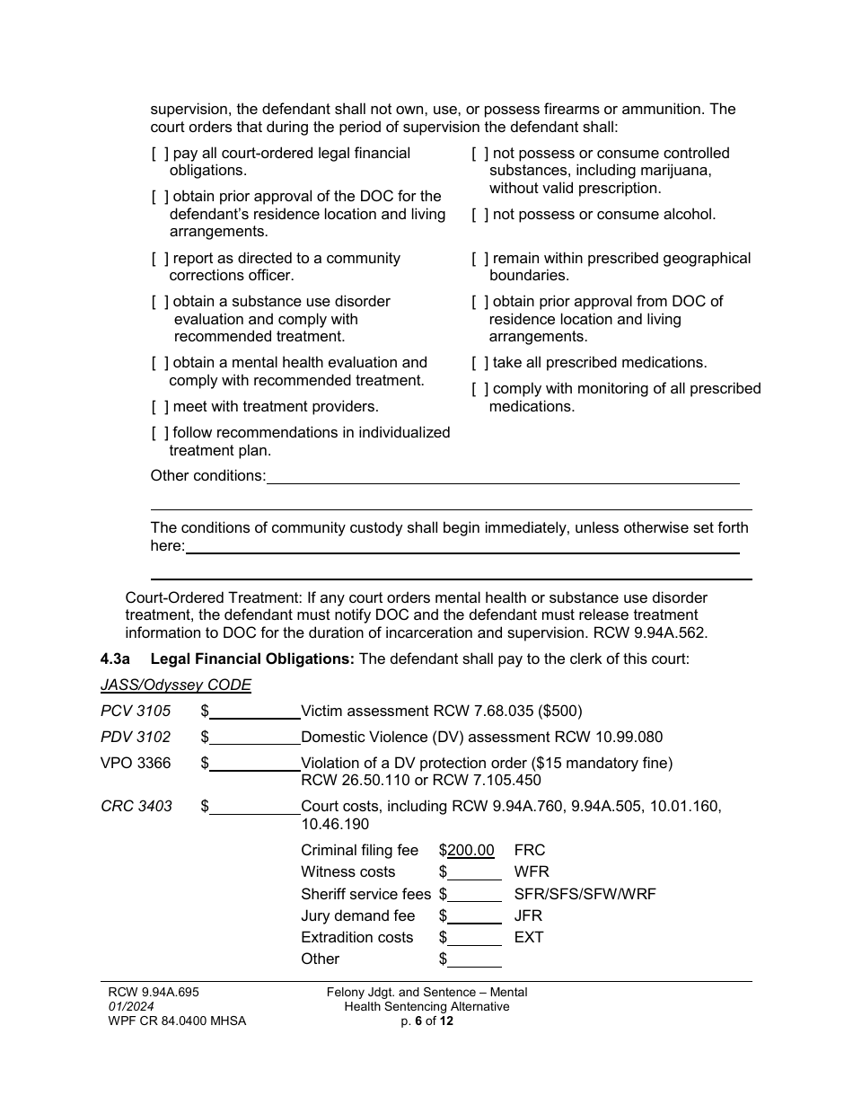 Form WPF CR84.0400 MHSA Felony Judgment and Sentence - Mental Health Sentencing Alternative - Washington, Page 6