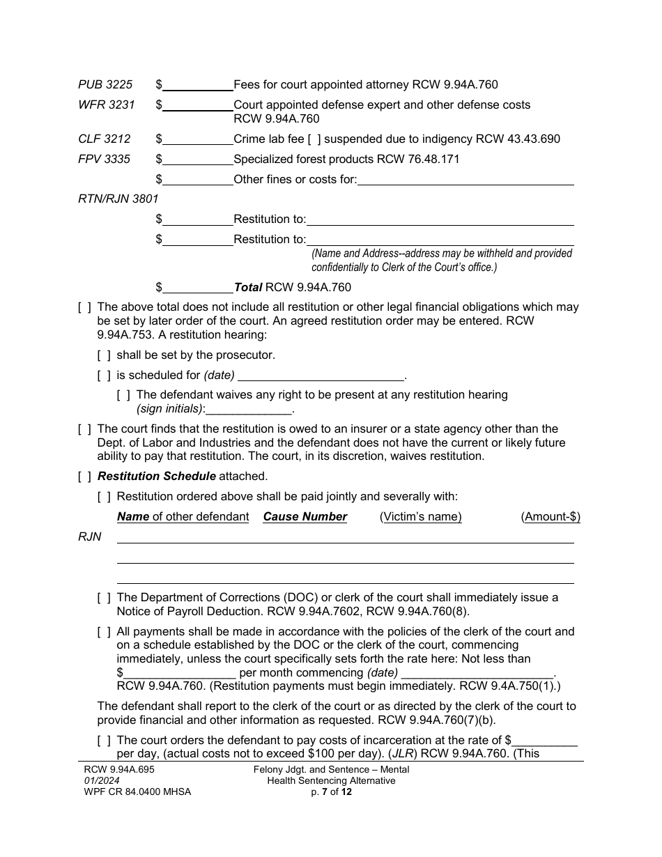 Form WPF CR84.0400 MHSA Felony Judgment and Sentence - Mental Health Sentencing Alternative - Washington, Page 7