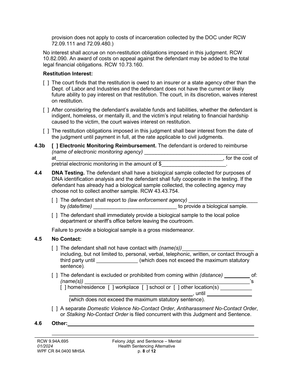 Form WPF CR84.0400 MHSA Felony Judgment and Sentence - Mental Health Sentencing Alternative - Washington, Page 8