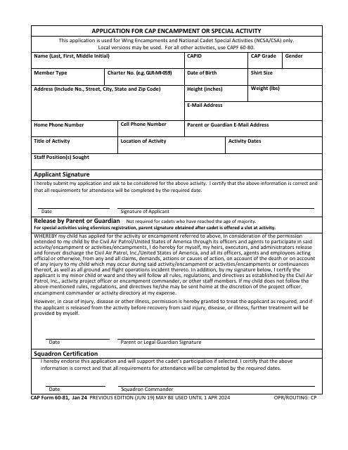CAP Form 60-81 Application for CAP Encampment or Special Activity