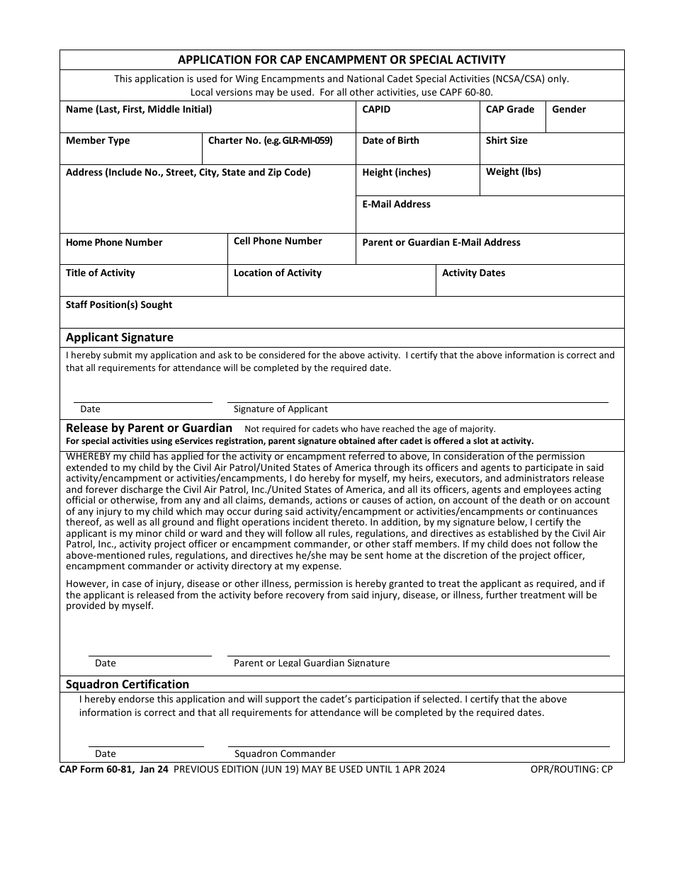 CAP Form 60-81 Application for CAP Encampment or Special Activity, Page 1