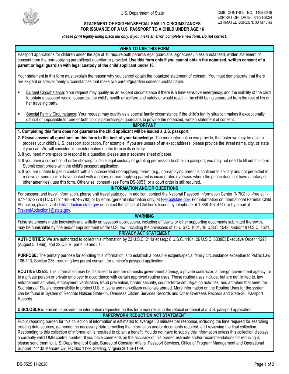 Form DS-5525 Download Fillable PDF or Fill Online Statement of Exigent ...