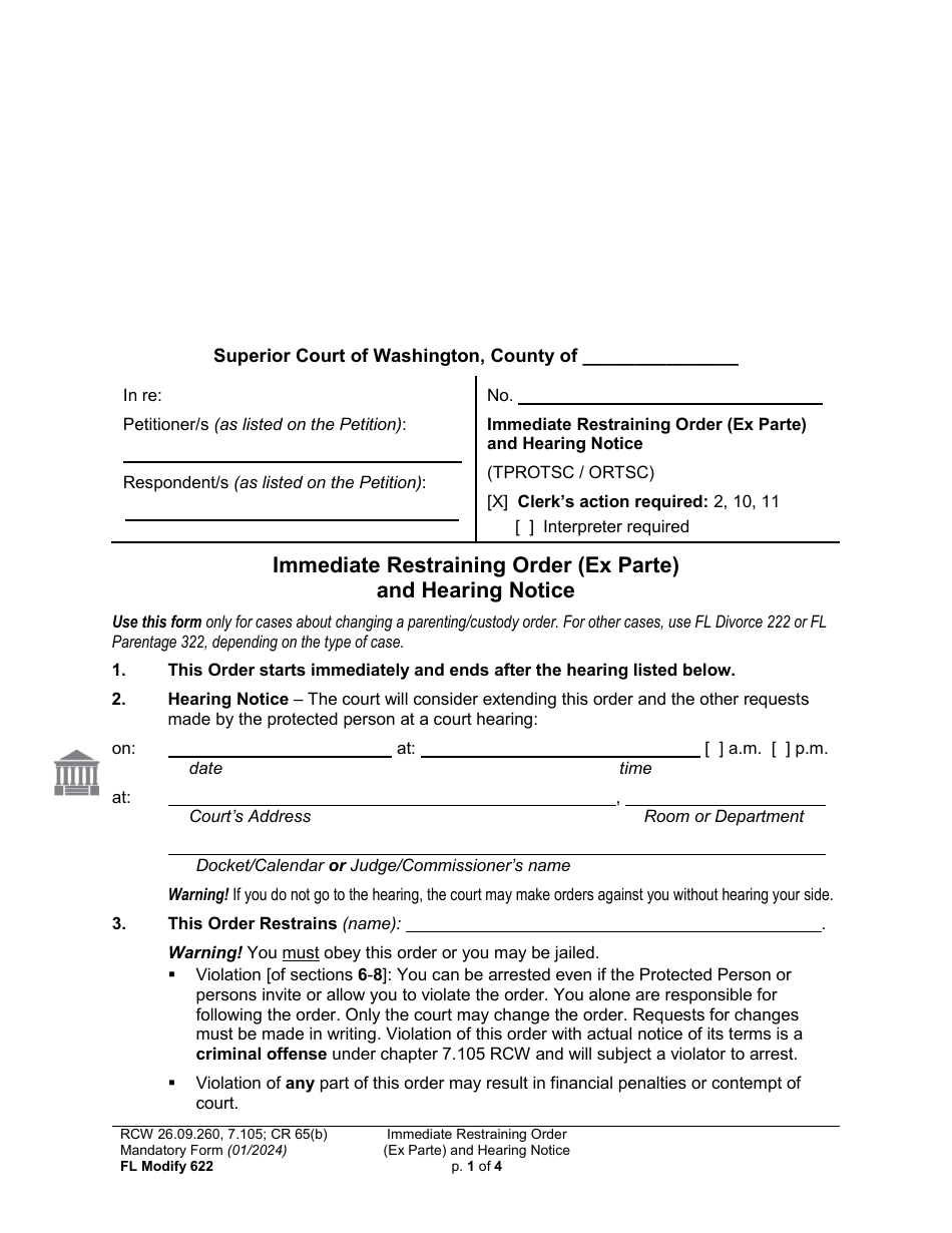 Form FL Modify622 Immediate Restraining Order (Ex Parte) and Hearing Notice - Washington, Page 1