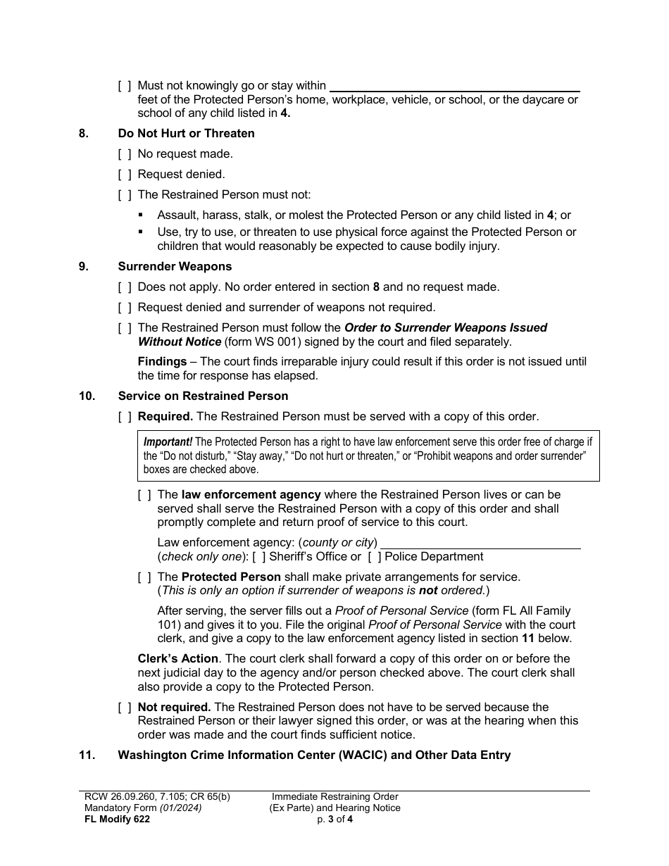 Form FL Modify622 Immediate Restraining Order (Ex Parte) and Hearing Notice - Washington, Page 3