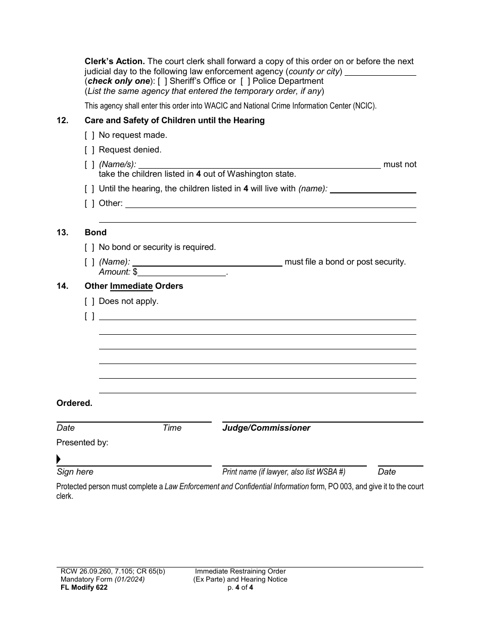 Form FL Modify622 Immediate Restraining Order (Ex Parte) and Hearing Notice - Washington, Page 4