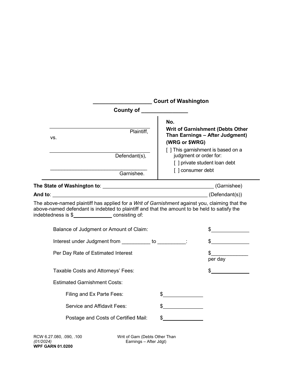 Form WPF GARN01.0200 Writ of Garnishment (Debts Other Than Earnings - After Judgment) - Washington, Page 1