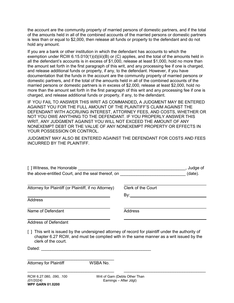 Form WPF GARN01.0200 Writ of Garnishment (Debts Other Than Earnings - After Judgment) - Washington, Page 3