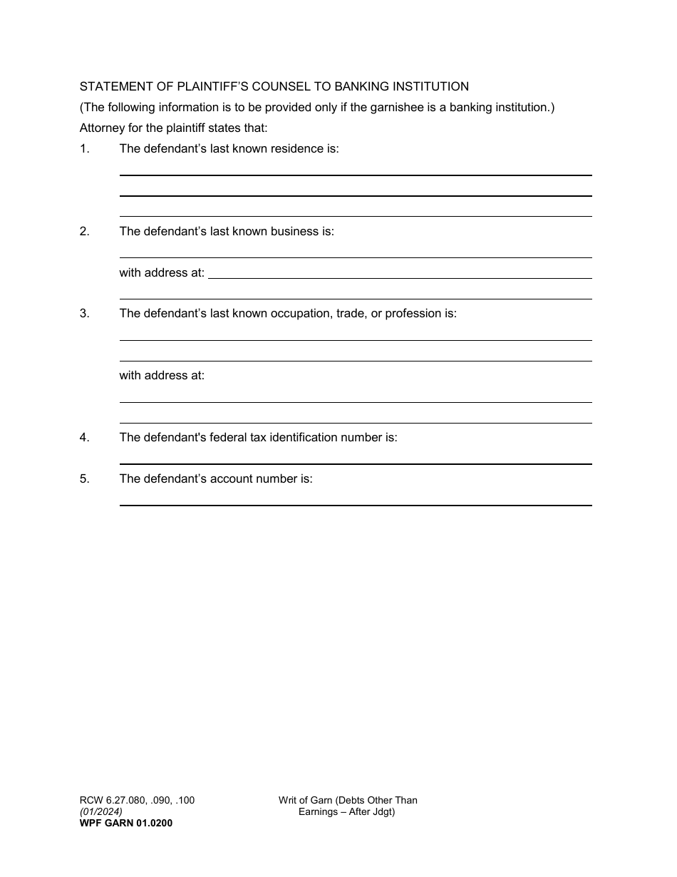 Form WPF GARN01.0200 Writ of Garnishment (Debts Other Than Earnings - After Judgment) - Washington, Page 5