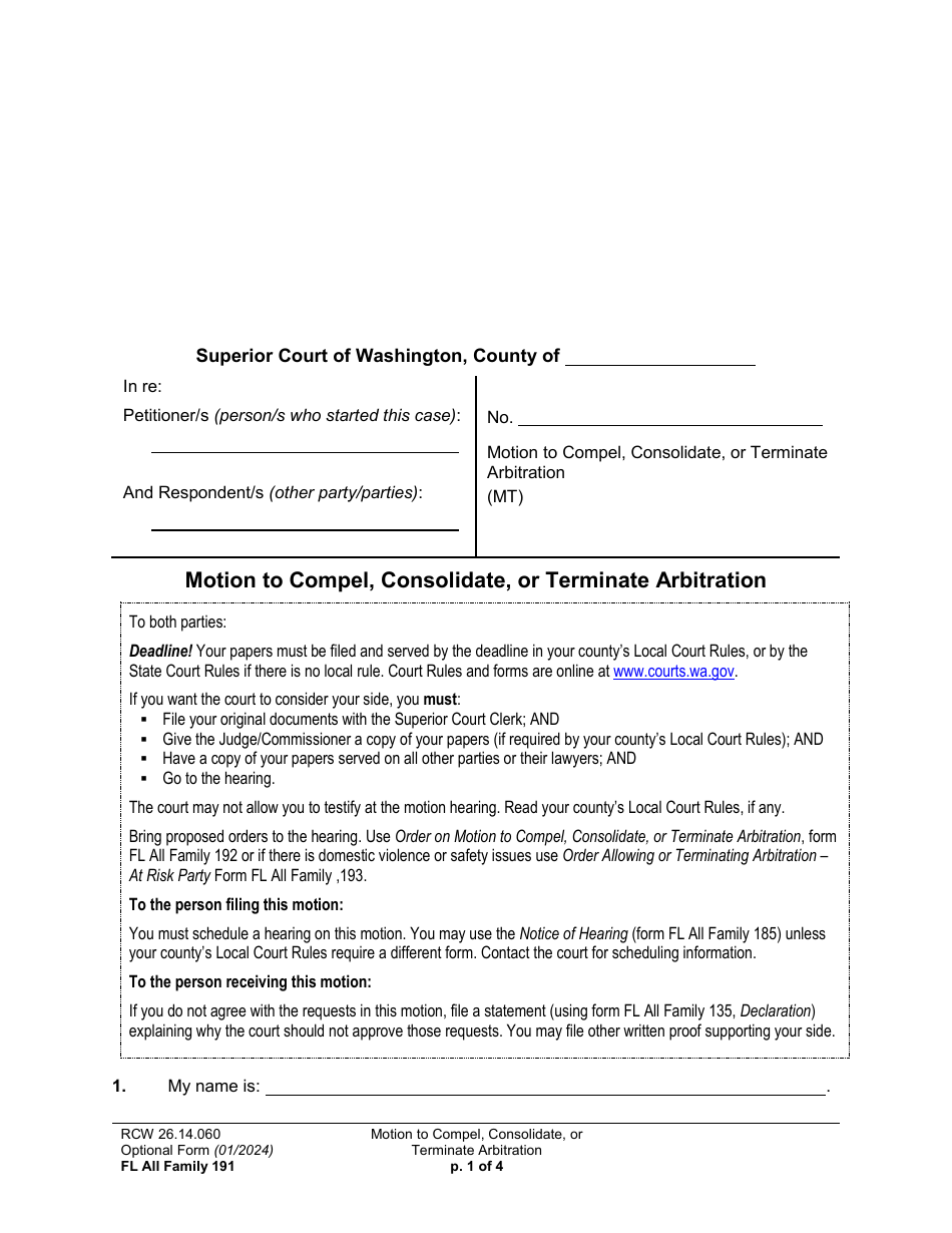 Form FL All Family191 Motion to Compel, Consolidate, or Terminate Arbitration - Washington, Page 1