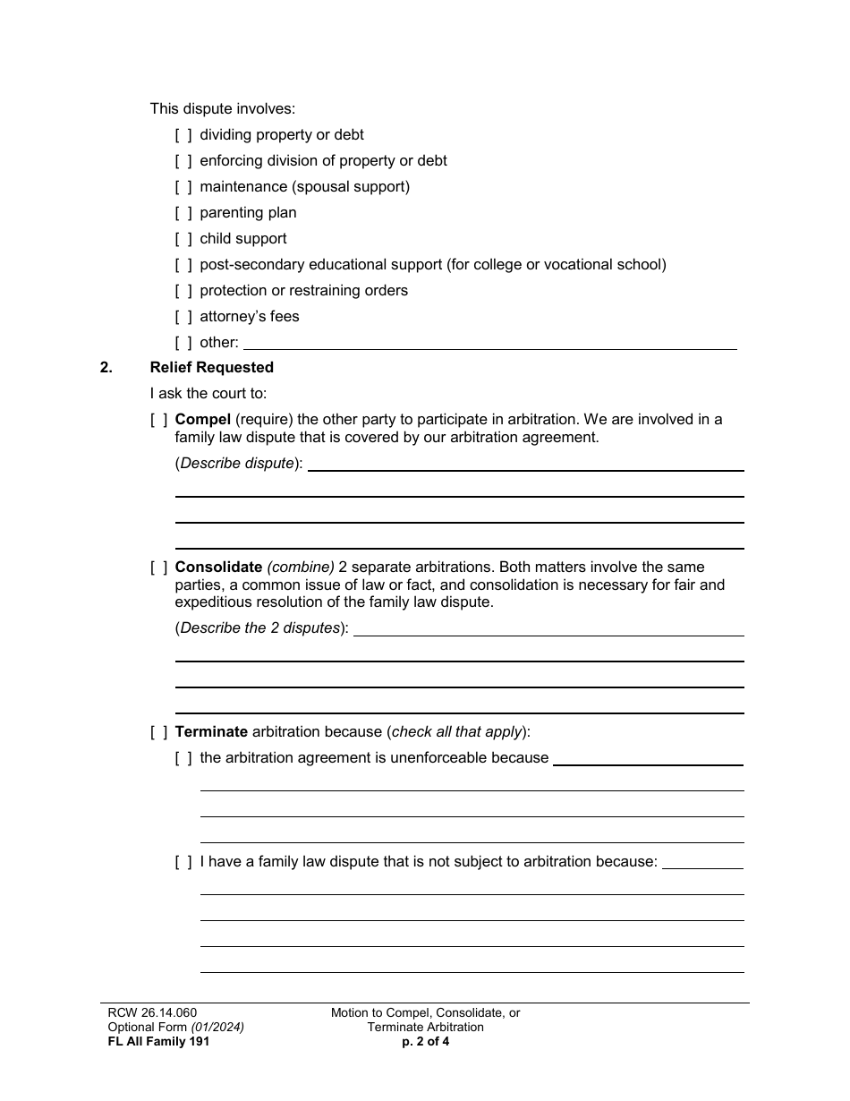 Form FL All Family191 Motion to Compel, Consolidate, or Terminate Arbitration - Washington, Page 2