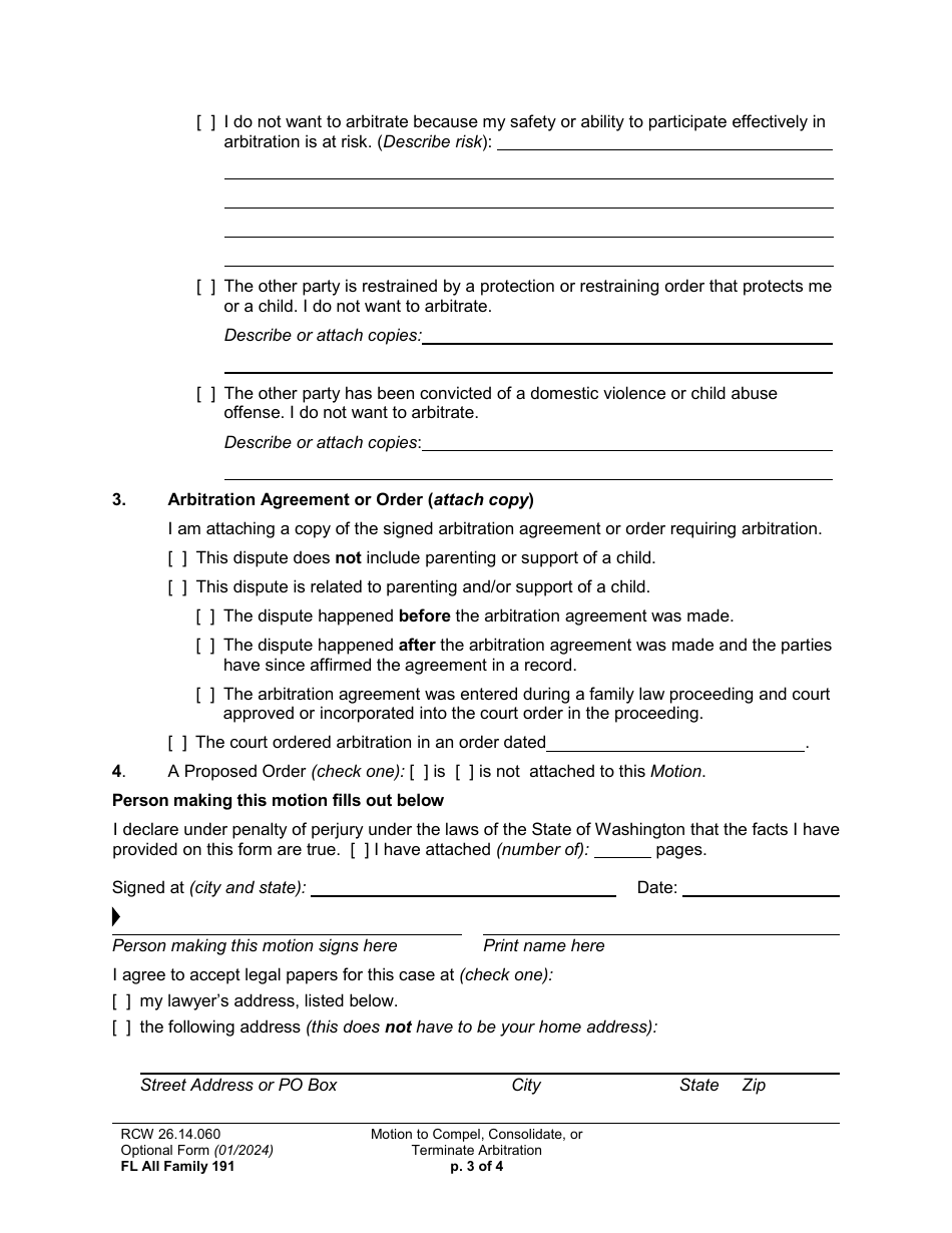 Form FL All Family191 Motion to Compel, Consolidate, or Terminate Arbitration - Washington, Page 3