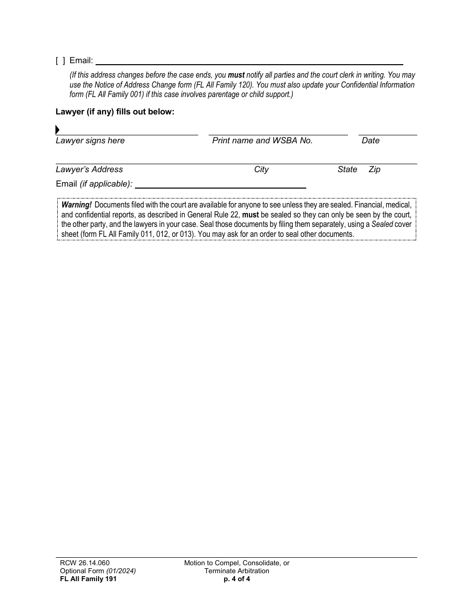 Form FL All Family191 Motion to Compel, Consolidate, or Terminate Arbitration - Washington, Page 4
