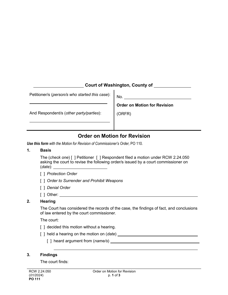 Form PO111 Order on Motion for Revision - Washington, Page 1