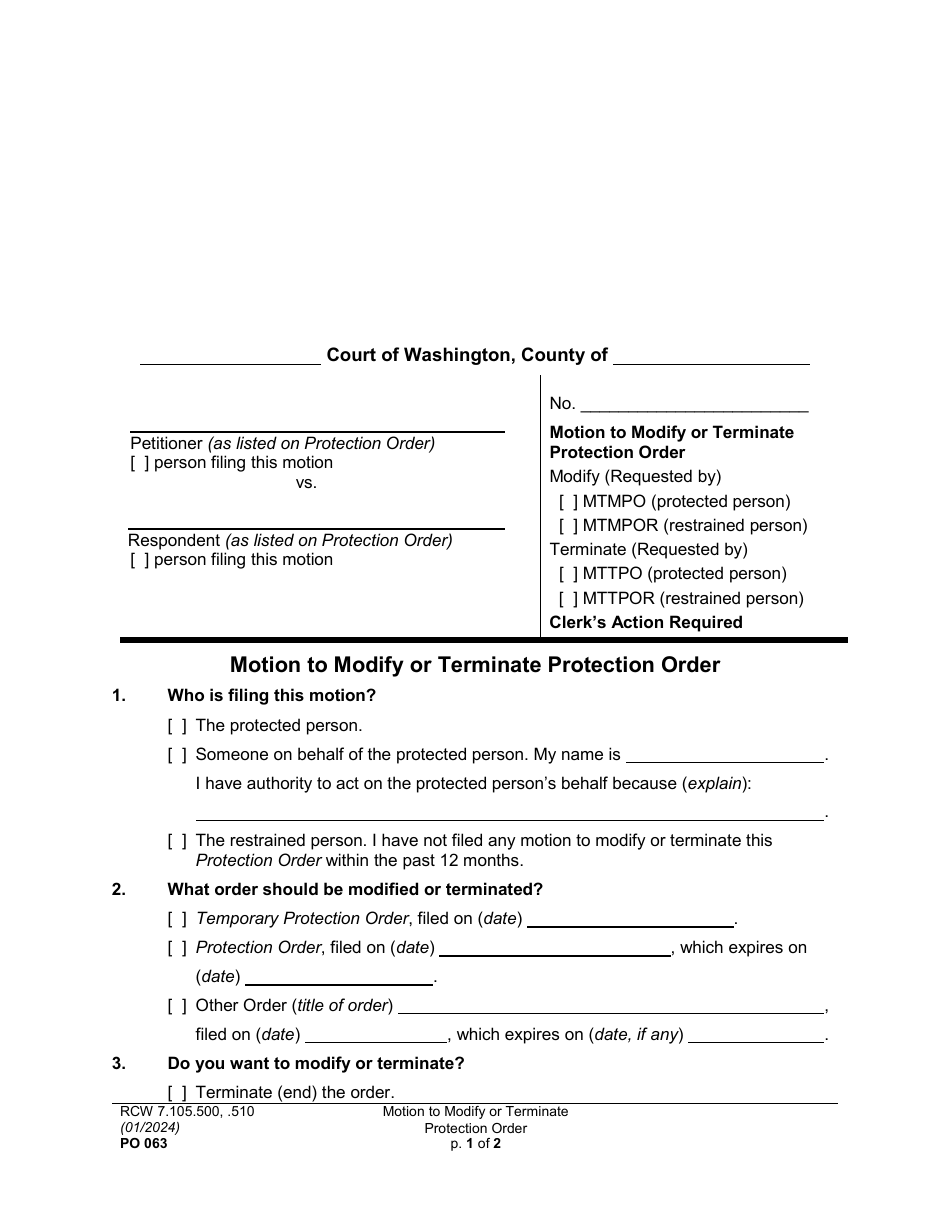 Form PO063 Motion to Modify or Terminate Protection Order - Washington, Page 1