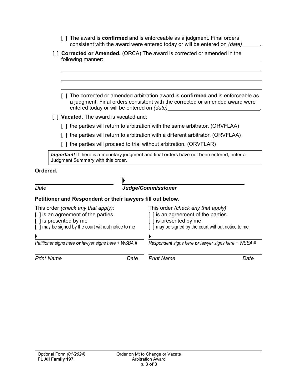 Form FL All Family197 Order on Motion to Correct, Amend, or Vacate Unconfirmed Arbitration Award - Washington, Page 3