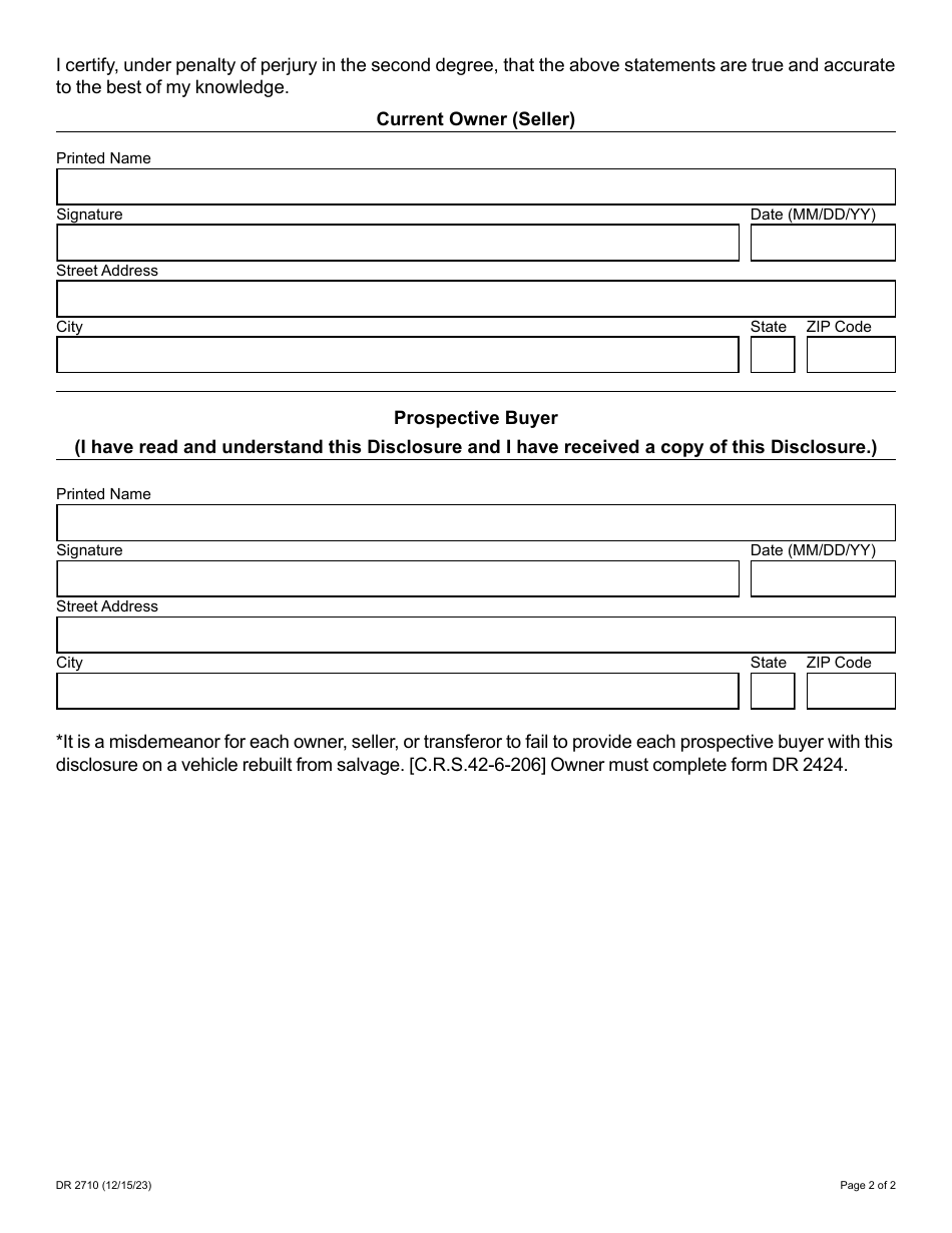 Form DR2710 Branded Title Disclosure Statement - Colorado, Page 2