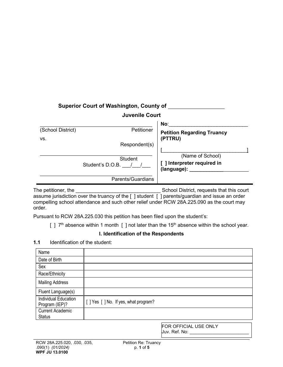Form WPF JU13.0100 Petition Regarding Truancy (Pttru) - Washington, Page 1