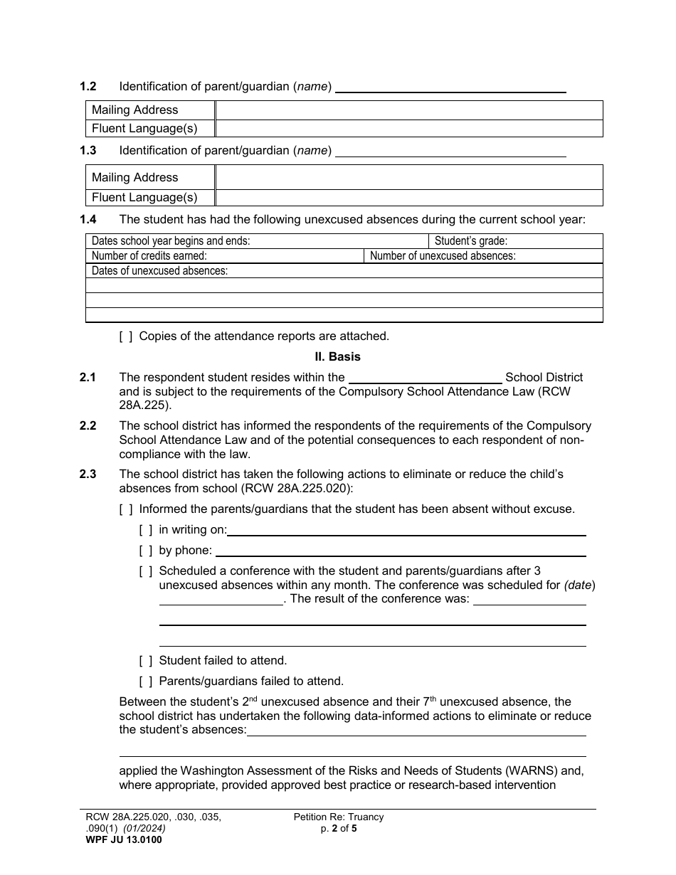 Form WPF JU13.0100 Petition Regarding Truancy (Pttru) - Washington, Page 2