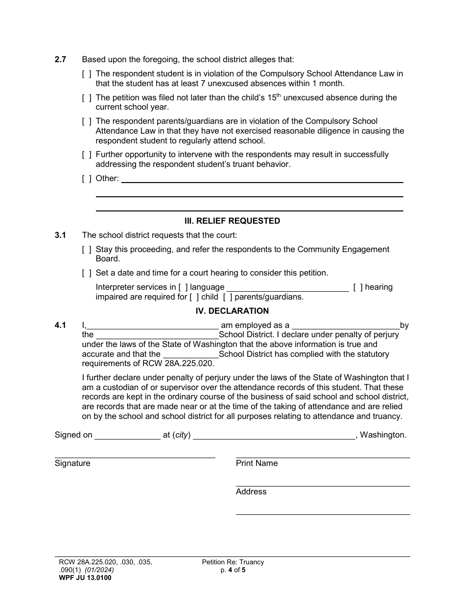 Form WPF JU13.0100 Petition Regarding Truancy (Pttru) - Washington, Page 4