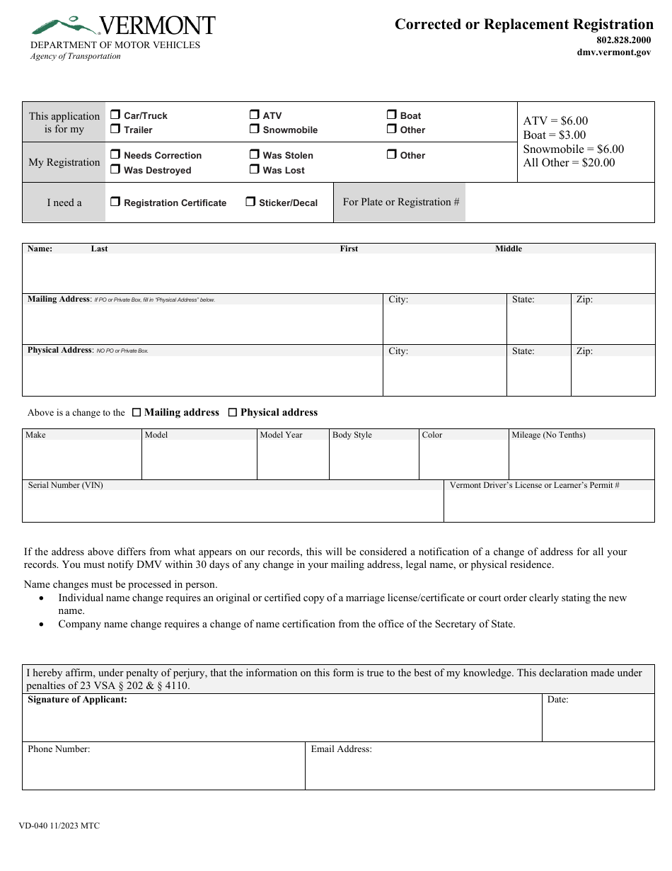 Form VD-040 Corrected or Replacement Registration - Vermont, Page 1