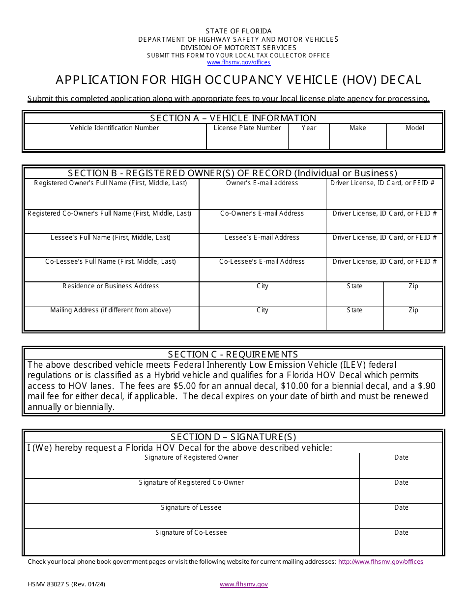 Form HSMV83027 Application for High Occupancy Vehicle (Hov) Decal - Florida, Page 1