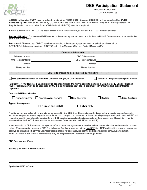 Form DBE-003 Dbe Participation Statement - Rhode Island
