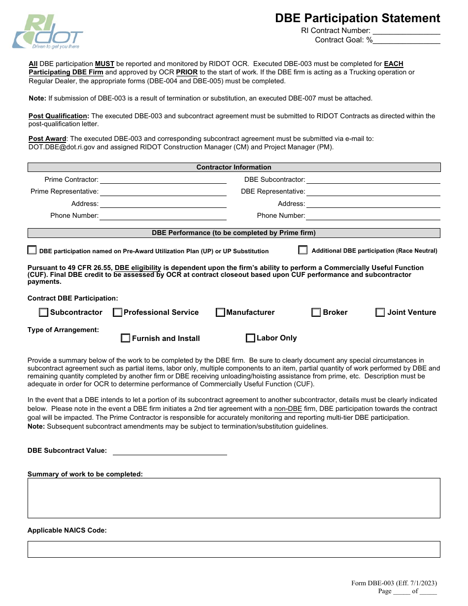 Form DBE-003 - Fill Out, Sign Online and Download Fillable PDF, Rhode ...