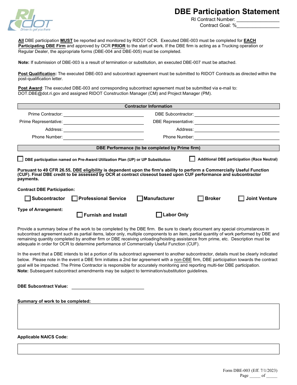 Form DBE-003 Dbe Participation Statement - Rhode Island, Page 1
