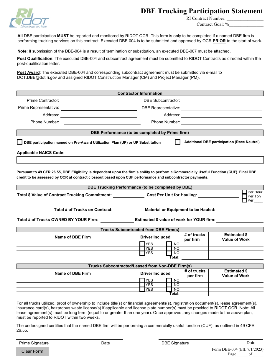 Form DBE-004 Dbe Trucking Participation Statement - Rhode Island, Page 1
