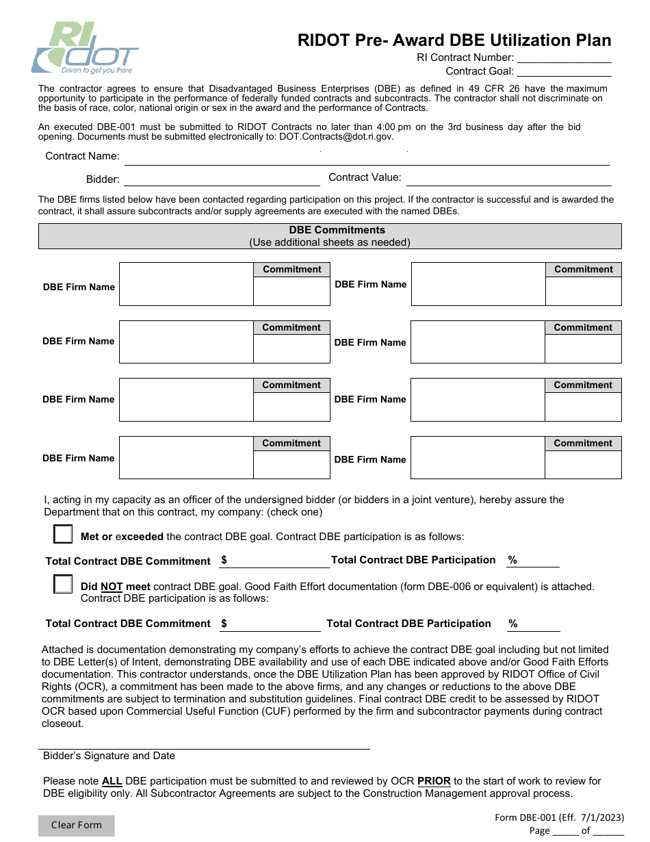 Form DBE-001 Ridot Pre-award Dbe Utilization Plan - Rhode Island, Page 1