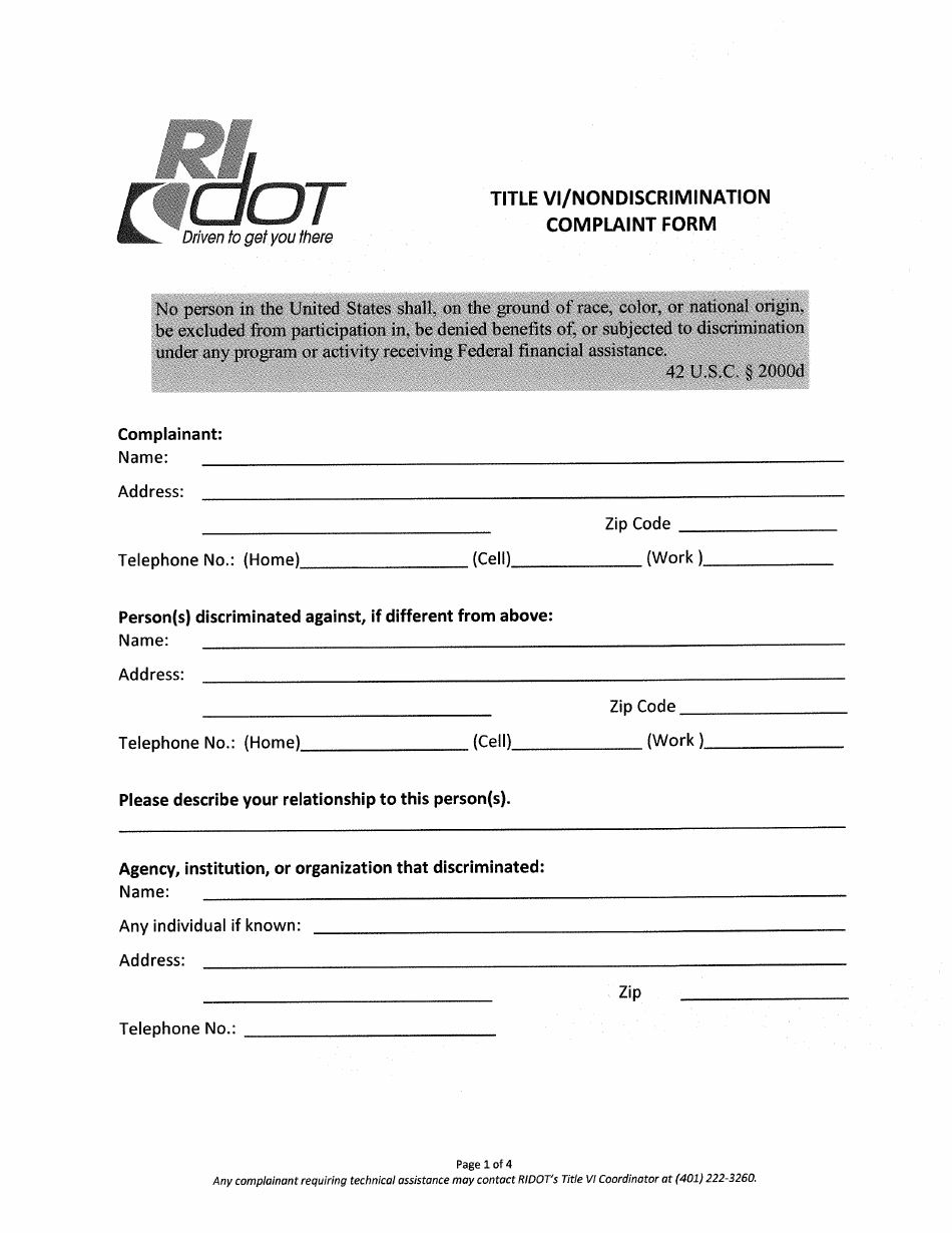 Title VI / Nondiscrimination Complaint Form - Rhode Island, Page 1