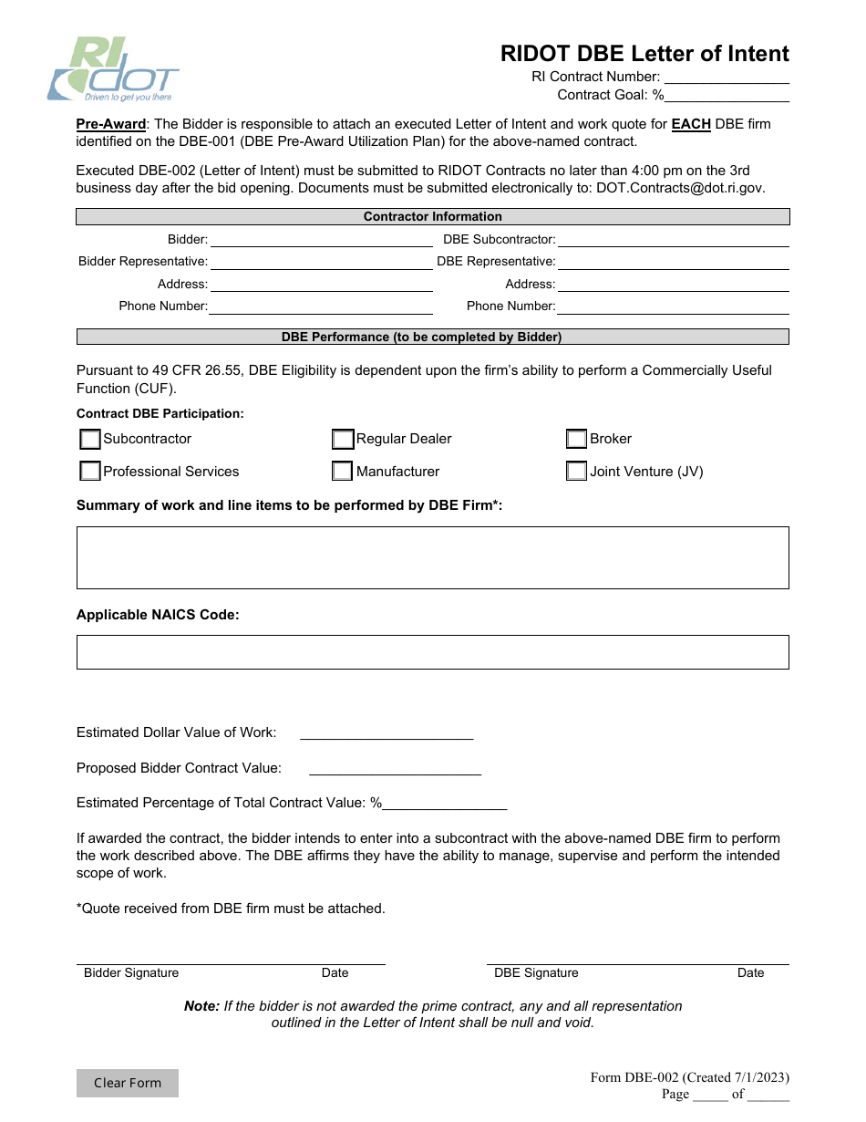 Form DBE-002 Ridot Dbe Letter of Intent - Rhode Island, Page 1
