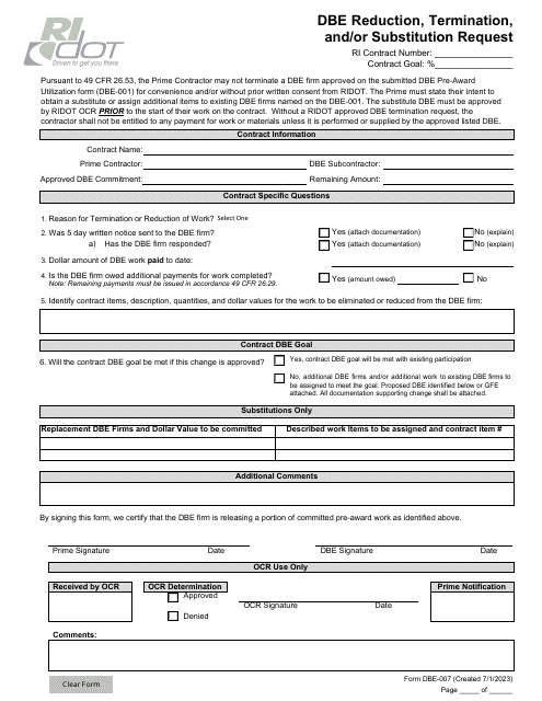 Form DBE-007 Dbe Reduction, Termination, and/or Substitution Request - Rhode Island