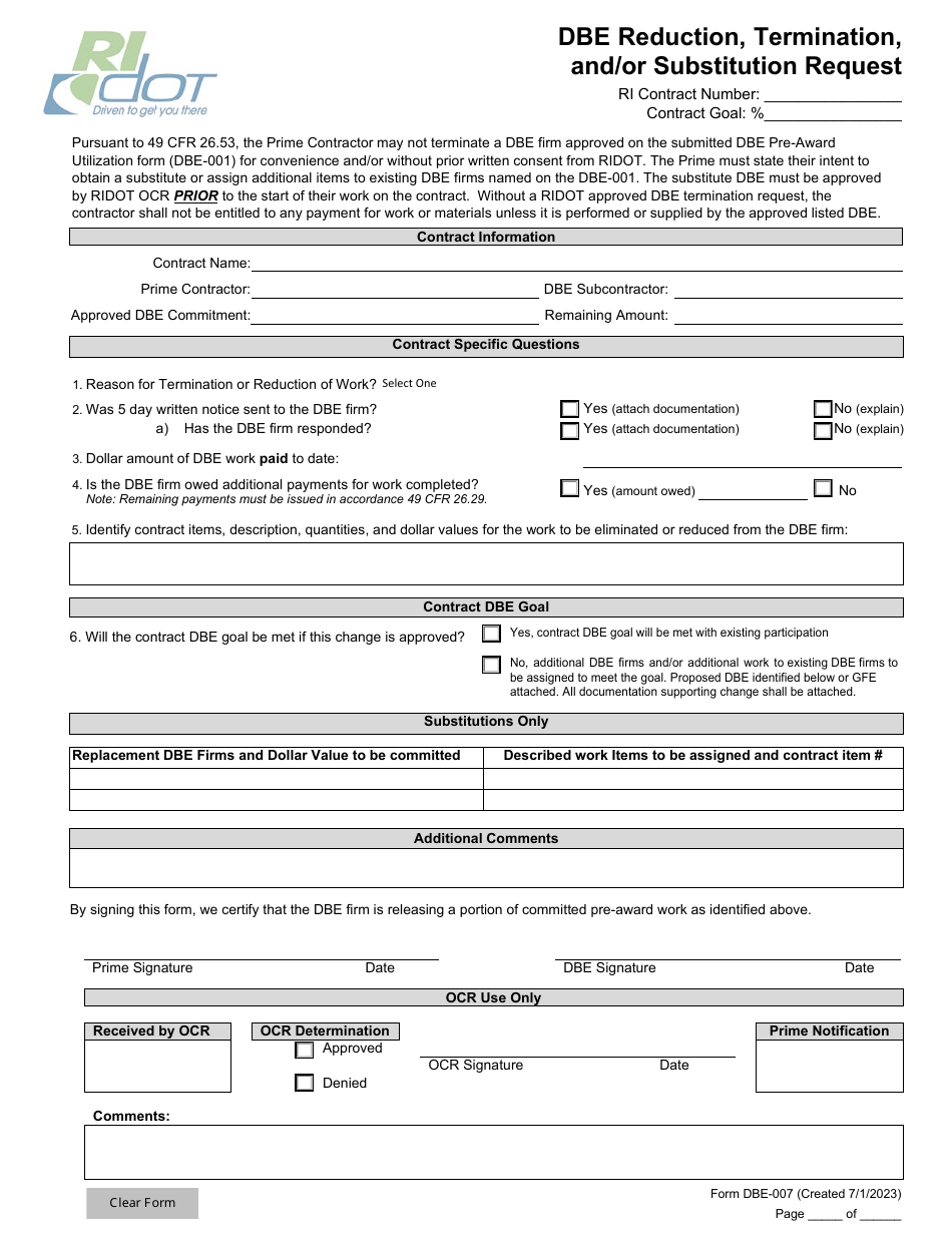 Form DBE-007 Dbe Reduction, Termination, and / or Substitution Request - Rhode Island, Page 1