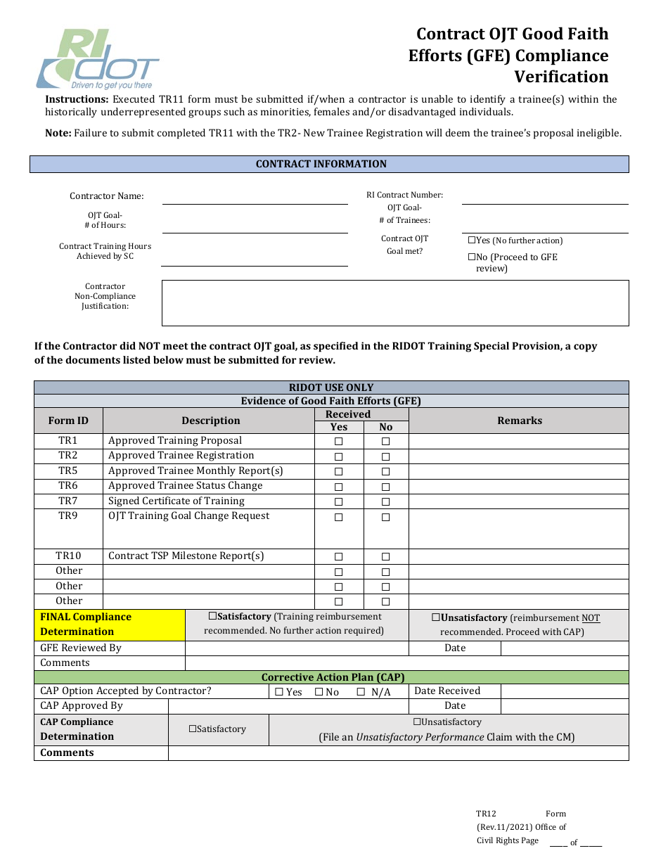 Form TR12 Contract Ojt Good Faith Efforts (GFE) Compliance Verification - Rhode Island, Page 1